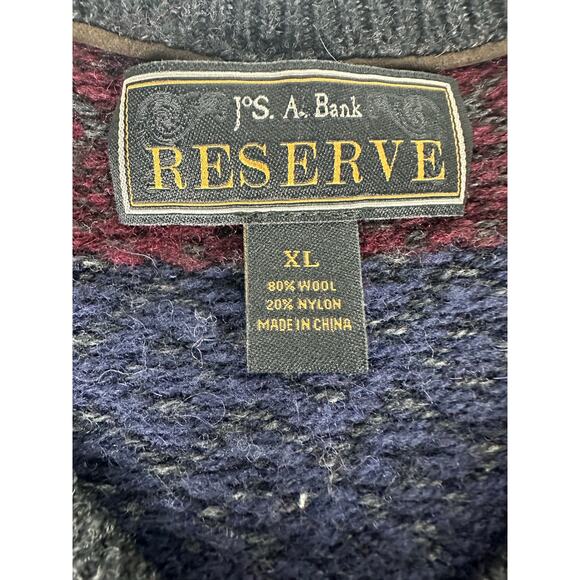Jos. A Bank Reserve Size XL Fair Isle Wool Sweater V-Neck Gray Winter Holiday - Picture 3 of 8
